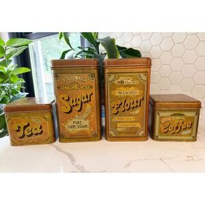 Vintage Cheinco Tin Canister Set Flour Sugar Coffee Tea Rustic Farmhouse Decor